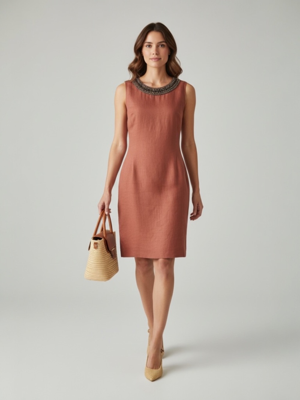 Lina Tomei Italian Linen Rust Embeished Beaded Neckline Dress Womens size XL